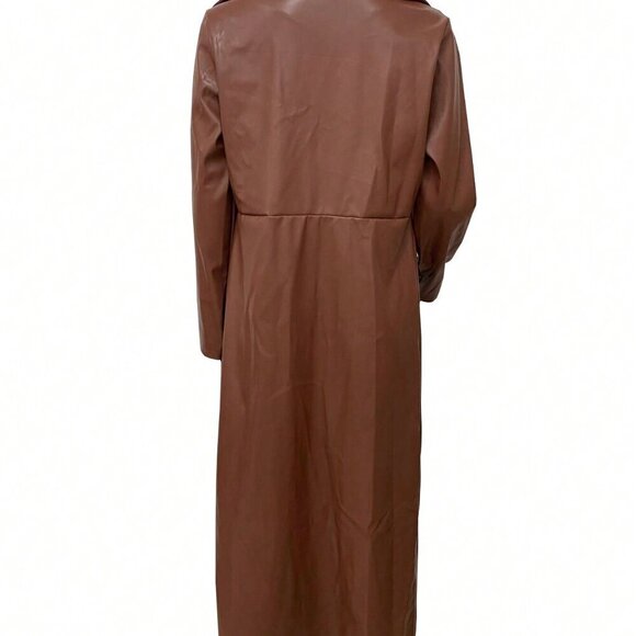 Khaki Elegant Women's Faux Leather Button Warm Long Sleeve Coat - Picture 3 of 7